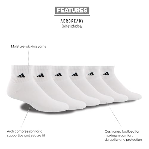 adidas Men's Athletic Cushioned Quarter Ankle Socks 6 Pairs - color: White/Black, size: X-Large