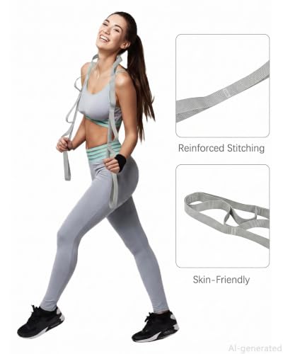 10 Loop Yoga Stretching Strap for Physical Therapy - Non-Elastic Exercise Band for Pilates, Yoga, Stretching for Women & Men - color: Grey