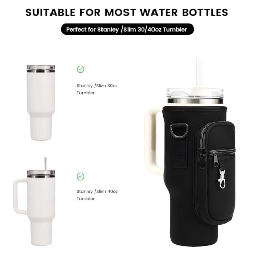 Water Bottle Carrier Bag Holder with Phone Pocket Adjustable Strap for Stanley 30 40oz, Insulated Neoprene Cover Sleeve Sling Crossbody Bag for Walking Camping Hiking Travelling - color: Black-1