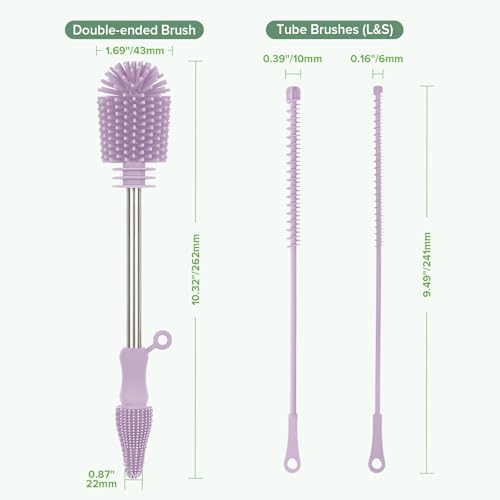 Haakaa Silicone Cleaning Brush Kit,Lavender,Portable Bottle Brush Cleaner - color: Lavender, size: 3 Piece Set