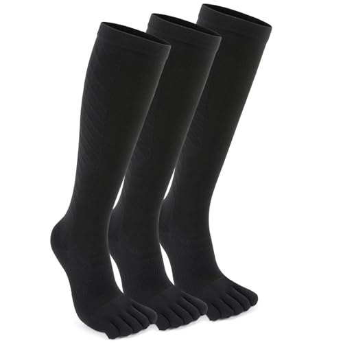 Compression Toe Socks for Men and Women 15-20mmHg, 3 Pairs, Knee High Five Finger Stockings - color: 01-black-3pcs, size: Small
