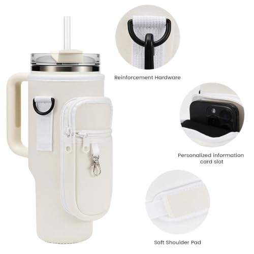Water Bottle Carrier Bag Holder with Phone Pocket Adjustable Strap for Stanley 30 40oz, Insulated Neoprene Cover Sleeve Sling Crossbody Bag for Walking Camping Hiking Travelling - color: White-1