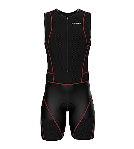 Sparx Men Competitor Triathlon Suit Mens Trisuits | Italian Technical Fabric | Soft Chamois | 4 Pockets | Bike-Swim-Run - color: Red Seams, size: XX-Large