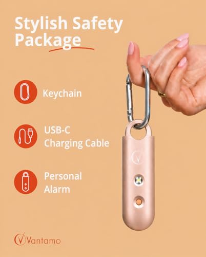 Vantamo Personal Alarm for Self Defense with Low Battery Notice, Strobe Light & Extra Loud 130 dB Double Speakers Safety Keychain Set for Women, Rechargeable Panic Button for Womens Self Defense - color: Metallic Vanilla