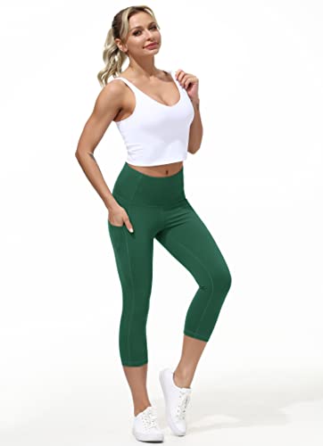 Dragon Fit Women's High Waisted Yoga Leggings 3 Pockets Workout Pants - color: Capri-dark Green, size: Large
