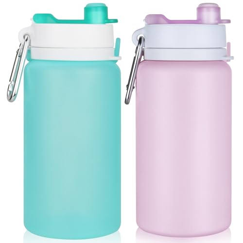 PLTCAT Collapsible Water Bottles, 19oz Foldable Silicone Travel Bottles - color: Green and Taro Purple