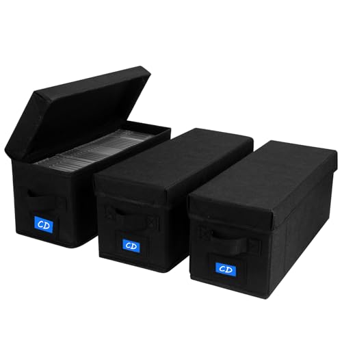 CD Case Holder with Handles and Lid – CD Storage Box with External Label Slots, Easy-to-Move Organizer Case for Efficient Media Storage, 3Pack-Black - size: CD-3PACK
