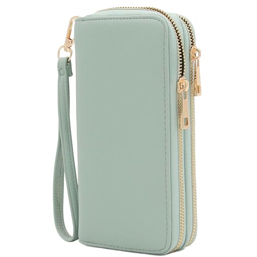 FashionPuzzle Double Zip Around PU Leather Wristlet Cell Phone Wallet - color: Mint