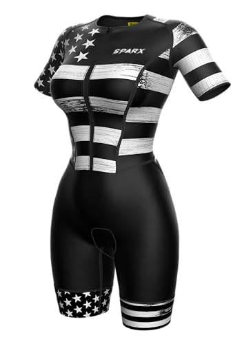 Sparx Aero Triathlon Suit Women Short Sleeve Tri Suit Women Running Swimming Cycling SkinSuit - color: B&w Flag, size: Small