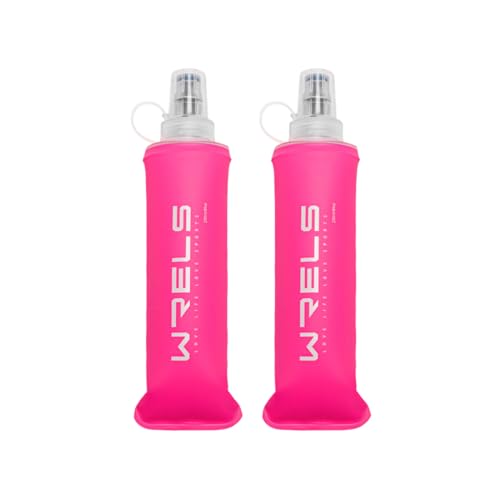 WRELS TPU Soft Flask Lightweight Portable Reusable Water Bottle,BPA Free Collapsible Flask for Hydration Pack in Running Hiking Cycling and Marathon - color: Pink-250ML*2