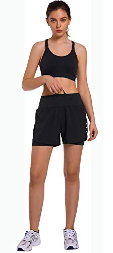Ksmien Women's 2 in 1 Running Shorts with Liner Phone Pockets - color: Black, size: Small