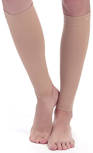 BSERA Calf Compression Sleeve Women, 2 Pairs 20-30mmHg Footless Compression Socks for Swelling Shin Splints Varicose Veins - color: Beige, size: Large
