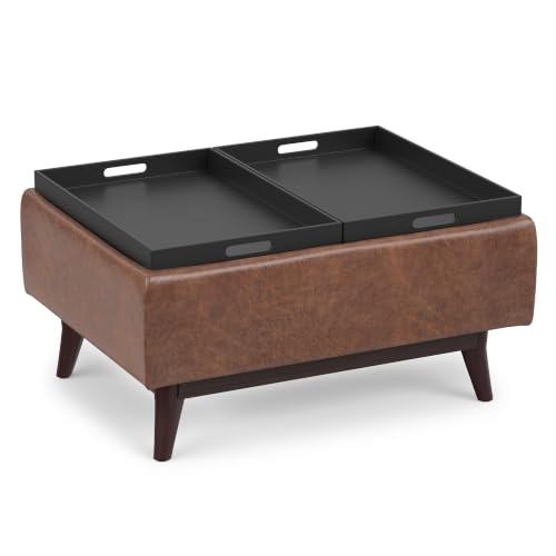 SIMPLIHOME Owen 34" Wide Vegan Leather Tray Top Ottoman in Saddle Brown - color: Distressed Saddle Brown