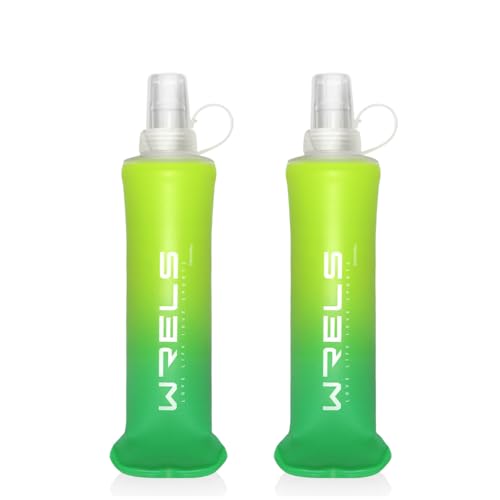 WRELS TPU Soft Flask Lightweight Portable Reusable Water Bottle,BPA Free Collapsible Flask for Hydration Pack in Running Hiking Cycling and Marathon - color: Green-250ML*2
