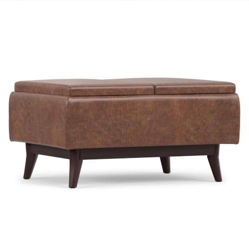 SIMPLIHOME Owen 34" Wide Vegan Leather Tray Top Ottoman in Saddle Brown - color: Distressed Saddle Brown