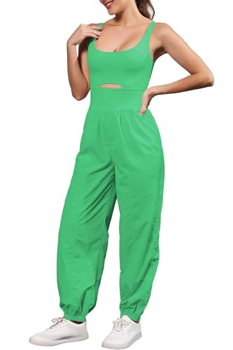 ReachMe Womens Running Onesie Athletic Romper Pants Hiking Outfits One Piece Workout Jumpsuits with Pockets - color: Lime Green, size: Medium