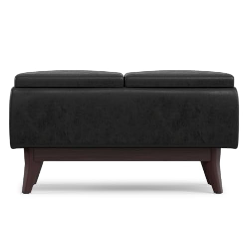 SIMPLIHOME Owen 34" Wide Vegan Leather Rectangle Tray Top Ottoman in Black - color: Distressed Black