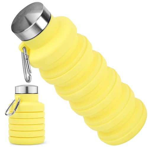 Collapsible Water Bottles, 16oz Foldable Silicone Travel Water Bottle with Carabiner, Wide Mouth, Leak-Proof, BPA-Free for Hiking, Camping, Travel - Yellow - color: Yellow, size: 16 Ounces