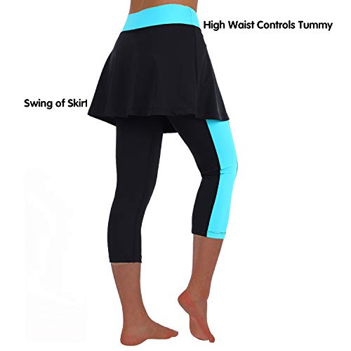 ANIVIVO Women Skirted Leggings Tennis Yoga Legging with Skirt - color: Black Sky Blue, size: Small