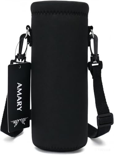 AMARY 750ML Neoprene Water Bottle Carrier Bag with Adjustable Shoulder Strap,Insulated Water Bottle Cover for Stainless Steel/Glass/Plastic Bottles 24OZ (Black) - color: Black