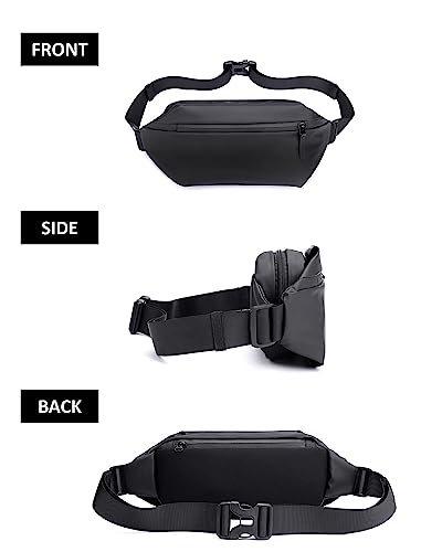 Fanny Pack for Men & Women | Adjustable Waist Bag (28-63 Inch Belt) – Large Waterproof Belt Bag for Hiking, Running, Travel, Gym | Phone Pouch with Zipper Pocket - color: Black