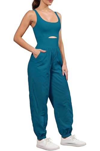 ReachMe Womens Running Onesie Athletic Romper Pants Hiking Outfits One Piece Workout Jumpsuits with Pockets - color: Teal Blue, size: Medium