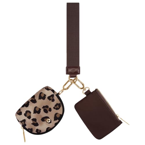 VUTUXA KeyChain Wallet Wristlet For Women Mini Zip Dual Pouch Coin Purse - color: Brown leopard + brown