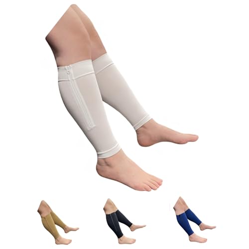 HealthyNees Seniors Care Footless 20-30 mmHg Compression Shin Calf Leg Men Women 1 Pair Zipper Sleeves (White, 3X-Large) - color: White, size: 3X-Large