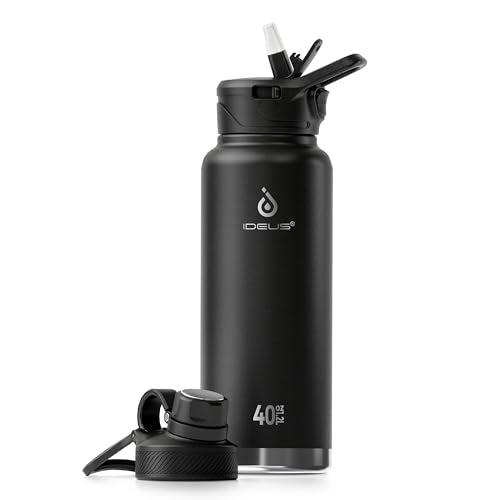 Ideus 40oz Stainless Steel Insulated Water Bottle with 2 Lids, Black - color: Black, size: 40 Ounces