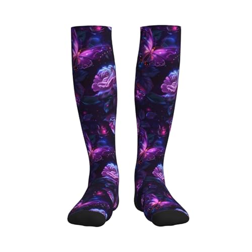 Compression Socks Women And Men For Nurses Travel Pregnancy Recovery Running Athletic - color: Purple Butterflies Flower