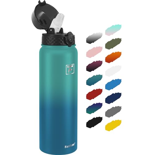 Fanhaw 32oz Kids Stainless Steel Water Bottle with Straw Lid, Green Blue - color: Green Blue, style: 32 Ounces