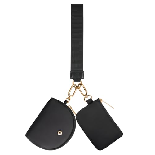 VUTUXA KeyChain Wallet Wristlet For Women Mini Zip Dual Pouch Coin Purse - color: black+gold