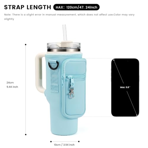 Water Bottle Carrier Bag Holder with Phone Pocket Adjustable Strap for Stanley 30 40oz, Insulated Neoprene Cover Sleeve Sling Crossbody Bag for Walking Camping Hiking Travelling - color: Lake Blue-1