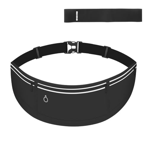 Running Belt with Resistance Band Bundle - Slim Water-Resistant Waist Pack for Women & Men, No-Bounce Adjustable Phone Holder Fits iPhone 15 Pro Max, Glute Activation Loop for Yoga & Fitness - color: Black