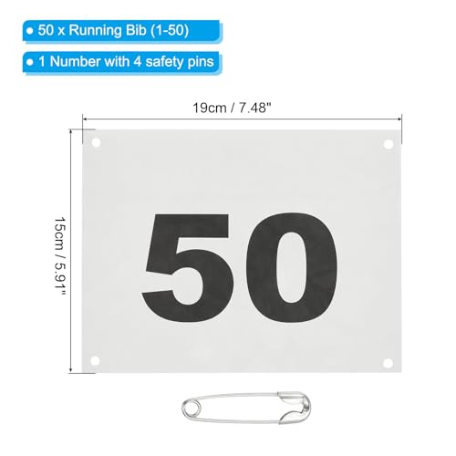 PATIKIL Tearproof Running Bib Numbers, Waterproof Race Competitor Numbers with Safety Pin - size: 7x6 Inch, style: 1-50