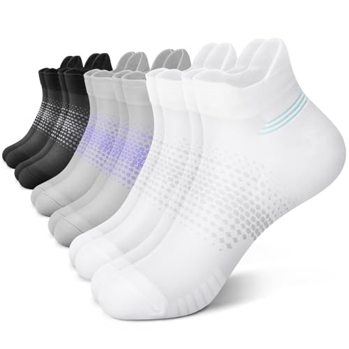 PAPLUS Ankle Compression Socks for Women, 6 Pairs Cushioned Running Socks - color: Black+white+grey（6 Pairs）, size: Small-Medium
