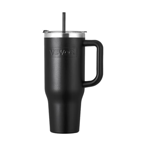 VEVOR 40 oz Insulated Water Bottle, Stainless Steel Sports Coffee Cup with Lid, Handheld Travel Coffee Mug Double Walled, Camping Hydration Flask Leakproof, for Indoor/Outdoor School, Work, Black
