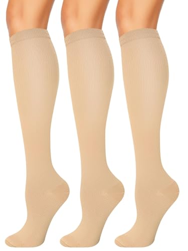 3 Pairs Compression Socks for Women & Men 15-20 mmHg, Knee High - color: 03 Nude/Nude/Nude, size: Small-Medium