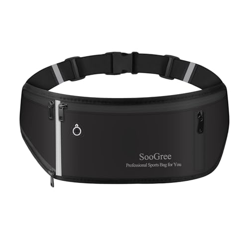 SooGree Fanny Packs for Women Men Slim Running Belt Waist Pack Runners Bag Waterproof Money Belt Phone Holder for Sports Hiking Traveling Walking Reflective Strip Adjustable Strap - color: Black, size: 1191