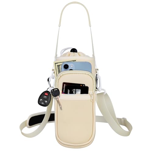 Crossbody Water Bottle Holder with Strap, Phone Pocket(White, 32, Ounces) - color: White