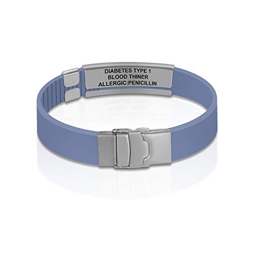 Divoti Custom Dual-Sided Engraved Silicone Medical Alert ID Wristband w/Security Clasp & Trim-to-Fit Band - Style - color: Carmella Blue / Brushed Stainless Silver / Red, size: Band Width - 13mm
