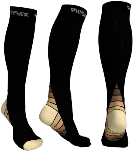 Physix Gear Compression Socks 20-30 mmHg - Men & Women - Running, Nurses, Shin Splints, Flight, Travel - color: Black/Beige, size: Small-Medium