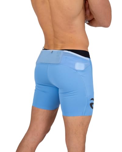 FlipBelt Men's Running Compression Shorts with Built-in Running Belt - color: Elite Ice Blue, size: Medium