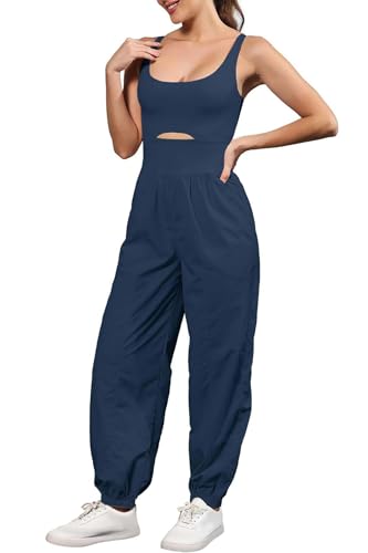 ReachMe Womens Running Onesie Athletic Romper Pants Hiking Outfits One Piece Workout Jumpsuits with Pockets - color: Navy Blue, size: Small