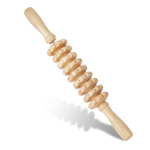 Liitrton Manual Wooden Massage Roller Stick for Muscle Relief, 9‑Wheel - size: 9-Wheel-Wood