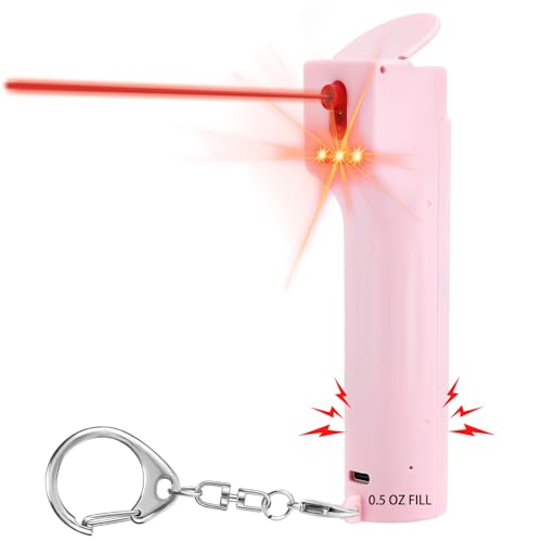 3-in-1 Pepper Spray Personal Alarm, 140dB Siren 3 Strobe, College Student Dorms Campus, Easy One Hand Operation, 12ft 25 Bursts 12 Seconds UV Marking Dye Gel, Rechargeable, Young Women Safety Keychain - color: Pink