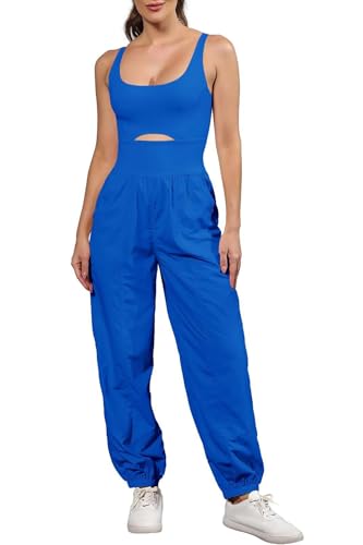 ReachMe Womens Running Onesie Athletic Romper Pants Hiking Outfits One Piece Workout Jumpsuits with Pockets - color: Royal, size: Medium