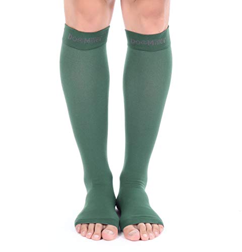 Doc Miller Open Toe Compression Socks, 20-30 mmHg, Knee High, Men & Women - color: Dark Green, size: Medium