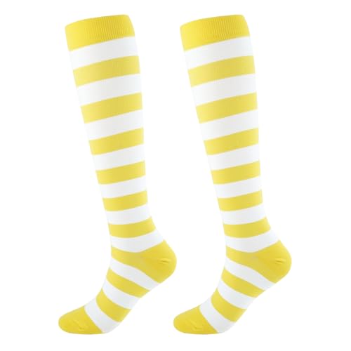 Junely Compression Socks for Women Knee High Striped Polka Dot Stockings - color: Yellow White