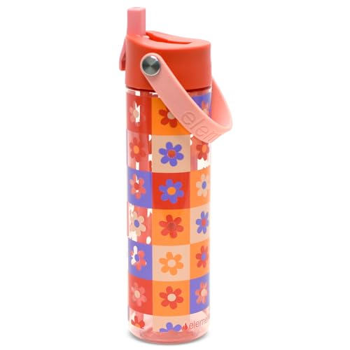 Elemental Splash 26oz Tritan Plastic Reusable Water Bottle w/Straw & Strap - color: Checkered Flowers, size: 26 Ounces